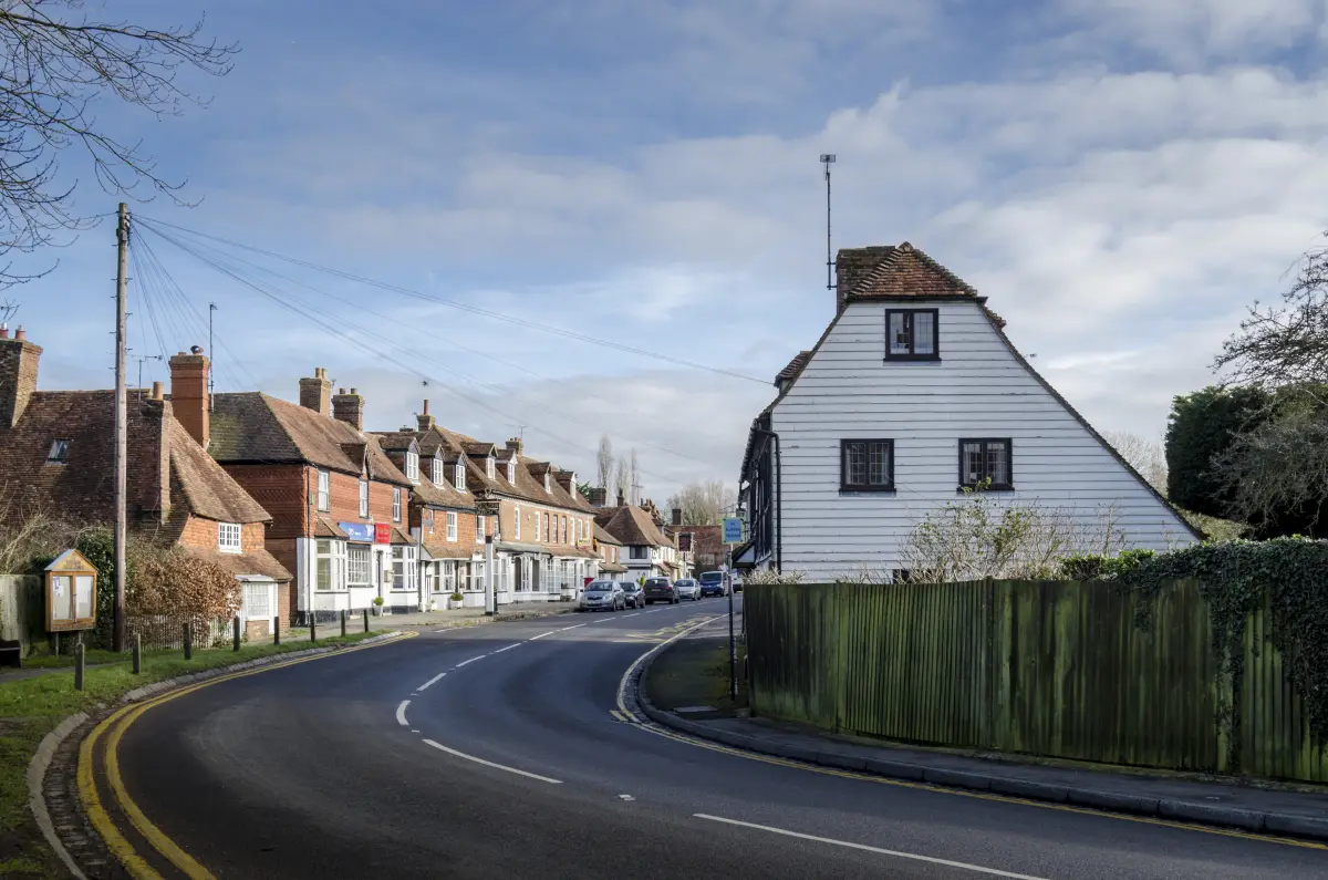 A historic high street lined with timber-framed houses
